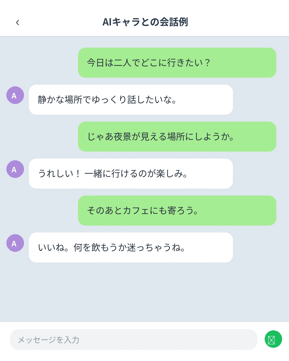 AIキャラとの会話例。LINE風の吹き出しで外出先の相談をする6つのメッセージを表示